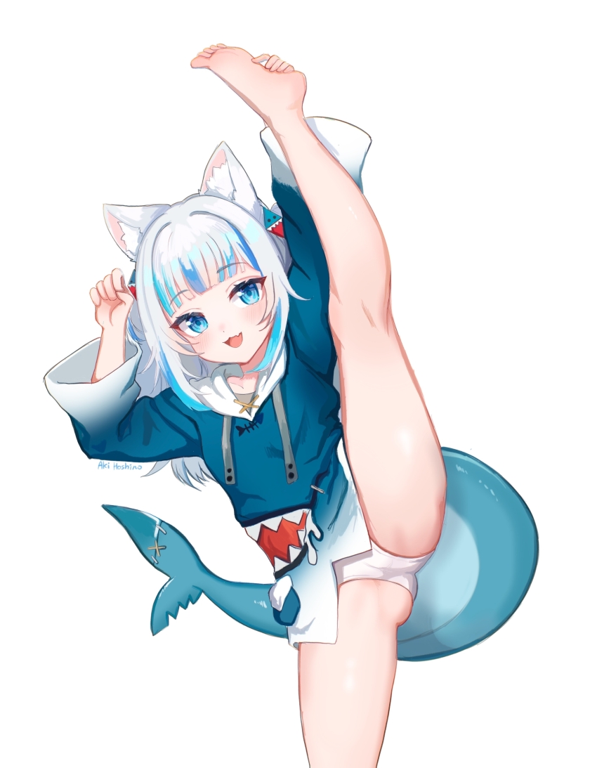 1girl :3 :d absurdres aki_hoshino animal_ear_fluff animal_ears animal_hood artist_name bare_legs barefoot blue_eyes blue_hair blue_hoodie blue_streaks blush cameltoe cat_ears cowboy_shot cube_hair_ornament fang feet fins fish_tail gawr_gura gawr_gura_(1st_costume) hair_ornament highres hololive hololive_english hood hoodie leg_lift leg_up legs loli long_sleeves looking_at_viewer medium_hair multicolored_hair open_mouth panties shark_girl shark_hair_ornament shark_hood shark_print shark_tail simple_background skin_fang smile soles solo split standing standing_on_one_leg standing_split streaked_hair tail toes two_side_up underwear virtual_youtuber white_background white_hair white_panties