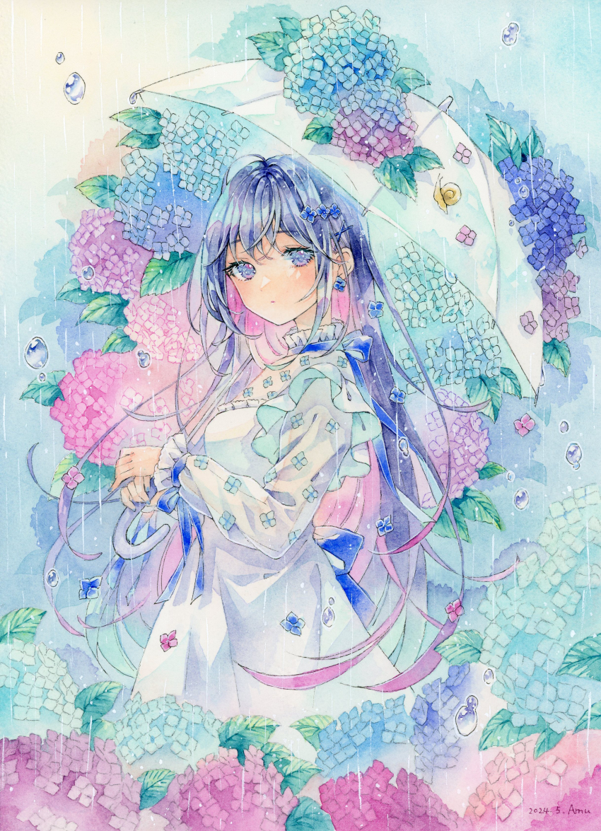 1girl absurdres amu_(m_aa) blue_eyes blue_flower blue_hair commentary cowboy_shot dated dress earrings expressionless flower flower_earrings frilled_sleeves frills hair_flower hair_ornament highres holding holding_umbrella hydrangea jewelry long_hair long_sleeves looking_at_viewer multicolored_hair original painting_(medium) pink_flower pink_hair purple_flower rain see-through_clothes see-through_sleeves signature snail solo traditional_media two-tone_hair umbrella water_drop watercolor_(medium) white_dress