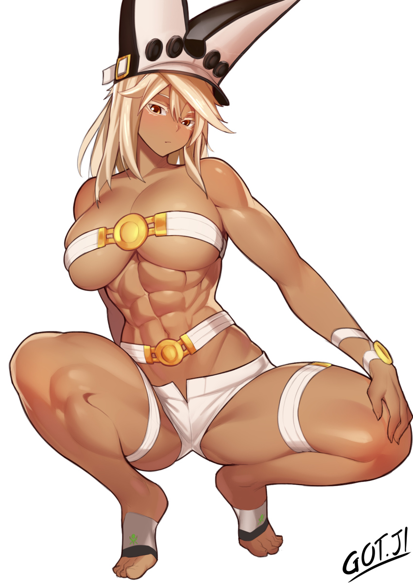 1girl abs arc_system_works artist_name belt black_hat blonde_hair breast_strap breasts closed_mouth collarbone dark-skinned_female dark_skin expressionless female_focus full_body got_ji_(gojich1) guilty_gear guilty_gear_xrd hand_on_own_knee hat large_breasts light_blush long_hair looking_at_viewer muscular muscular_female orange_eyes ramlethal_valentine shorts simple_background solo spread_legs squatting thigh_strap thighs tiptoes toes two-tone_hat variant_set white_background white_belt white_hat white_shorts