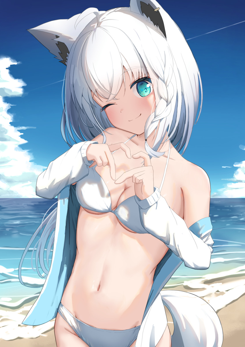 1girl ahoge alternate_costume animal_ear_piercing animal_ears aqua_eyes beach bikini blue_sky braid breasts cleavage closed_mouth cloud commentary_request cowboy_shot finger_heart fox_ears fox_tail grey_hair halterneck head_tilt highres hololive jacket long_hair long_sleeves looking_at_viewer ocean off_shoulder one_eye_closed outdoors shirakami_fubuki shoreen0504 sky small_breasts smile solo swimsuit tail virtual_youtuber white_bikini white_jacket