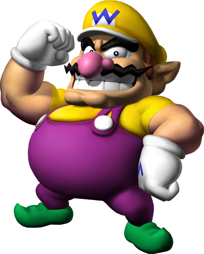 1boy 3d absurdres arm_up blue_eyes brown_hair buttons cabbie_hat clenched_hands clothes_writing facial_hair fat fat_man flexing full_body gloves green_footwear grin hand_on_own_hip happy hat highres looking_at_viewer male_focus mario_(series) mario_party mario_party_7 muscular muscular_male mustache nintendo official_art overalls pointy_ears pointy_footwear purple_overalls shirt shoes short_hair short_sleeves simple_background smile solo standing teeth third-party_source transparent_background wario white_gloves yellow_hat yellow_shirt