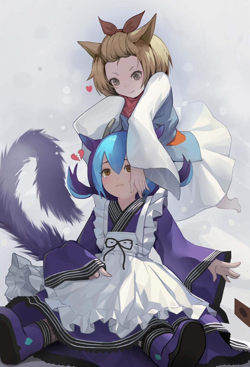 2girls absurdres animal_ears apron ash_blossom_&amp;_joyous_spring barefoot blonde_hair blue_hair bow broken_heart card dog_ears dog_girl dragon_girl dragon_horns dragon_tail dress duel_monster eastern_dragon_horns forehead frilled_apron frills grey_background hand_on_another&#039;s_cheek hand_on_another&#039;s_face heart highres horns japanese_clothes laundry_dragonmaid long_sleeves looking_at_another maid maid_apron mamayu multiple_girls original red_bow sad short_hair simple_background sitting smile tail tears twintails wa_maid white_apron white_dress yellow_eyes yu-gi-oh!