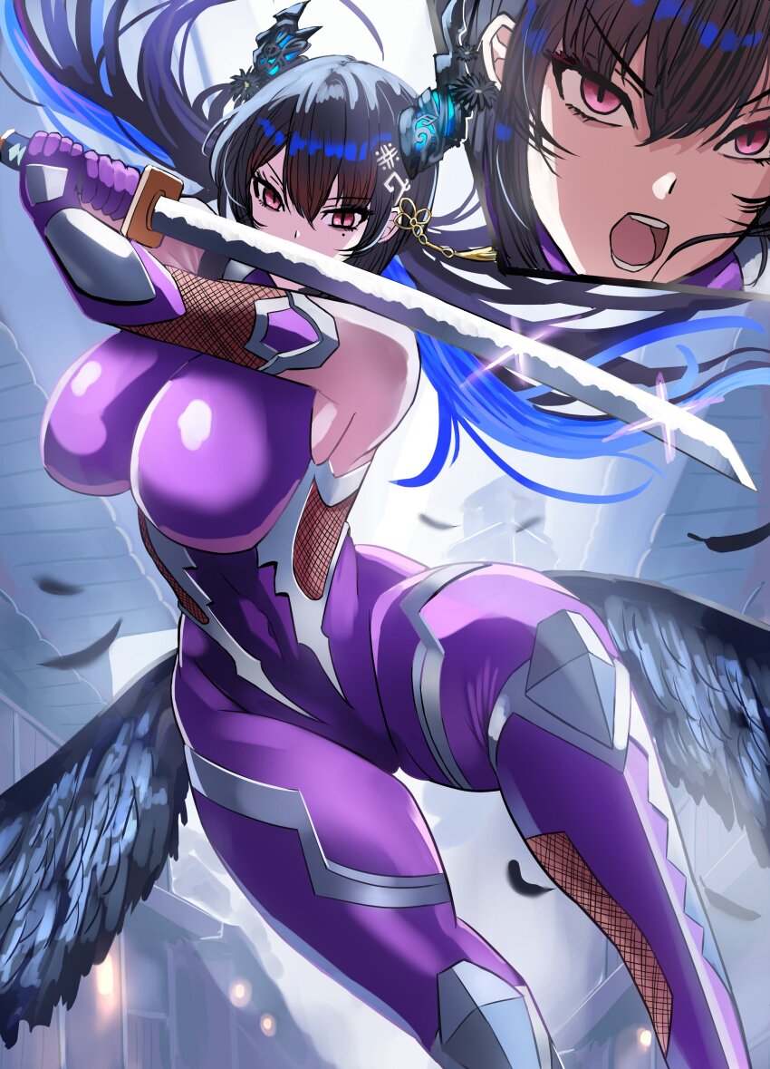 1girl absurdres asymmetrical_horns bare_shoulders black_hair blue_hair bodystocking bodysuit breasts colored_inner_hair cosplay covered_navel crystal_horns demon_horns elbow_gloves feathered_wings fishnet_bodystocking fishnet_cutout fishnets flower gloves highres holding holding_sword holding_weapon hololive hololive_english horn_flower horns igawa_asagi igawa_asagi_(cosplay) impossible_bodysuit impossible_clothes katana kurenai_kenta large_breasts long_hair looking_at_viewer mole mole_under_eye multicolored_hair nerissa_ravencroft ninja purple_bodysuit red_eyes shiny_clothes skin_tight solo spread_legs sword taimanin_(series) taimanin_suit thighhighs two-tone_hair uneven_horns very_long_hair virtual_youtuber weapon wings zoom_layer