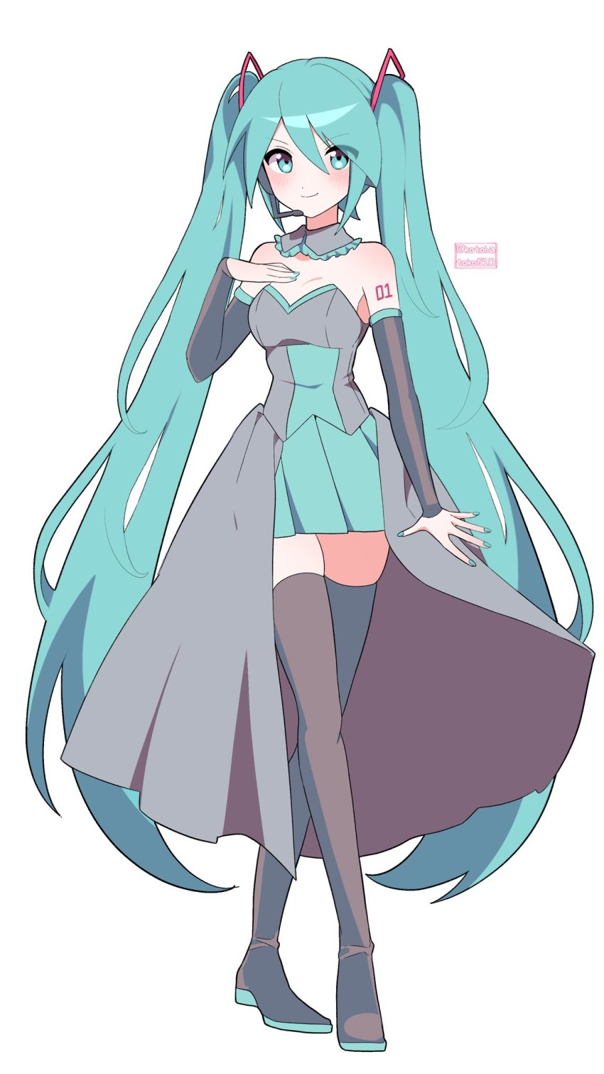 1girl absurdly_long_hair alternate_costume aqua_eyes aqua_hair aqua_nails breasts detached_collar dress hatsune_miku headset highres kotohatoko510 long_hair medium_breasts nail_polish pantyhose simple_background skirt sleeveless solo twintails very_long_hair vocaloid white_background