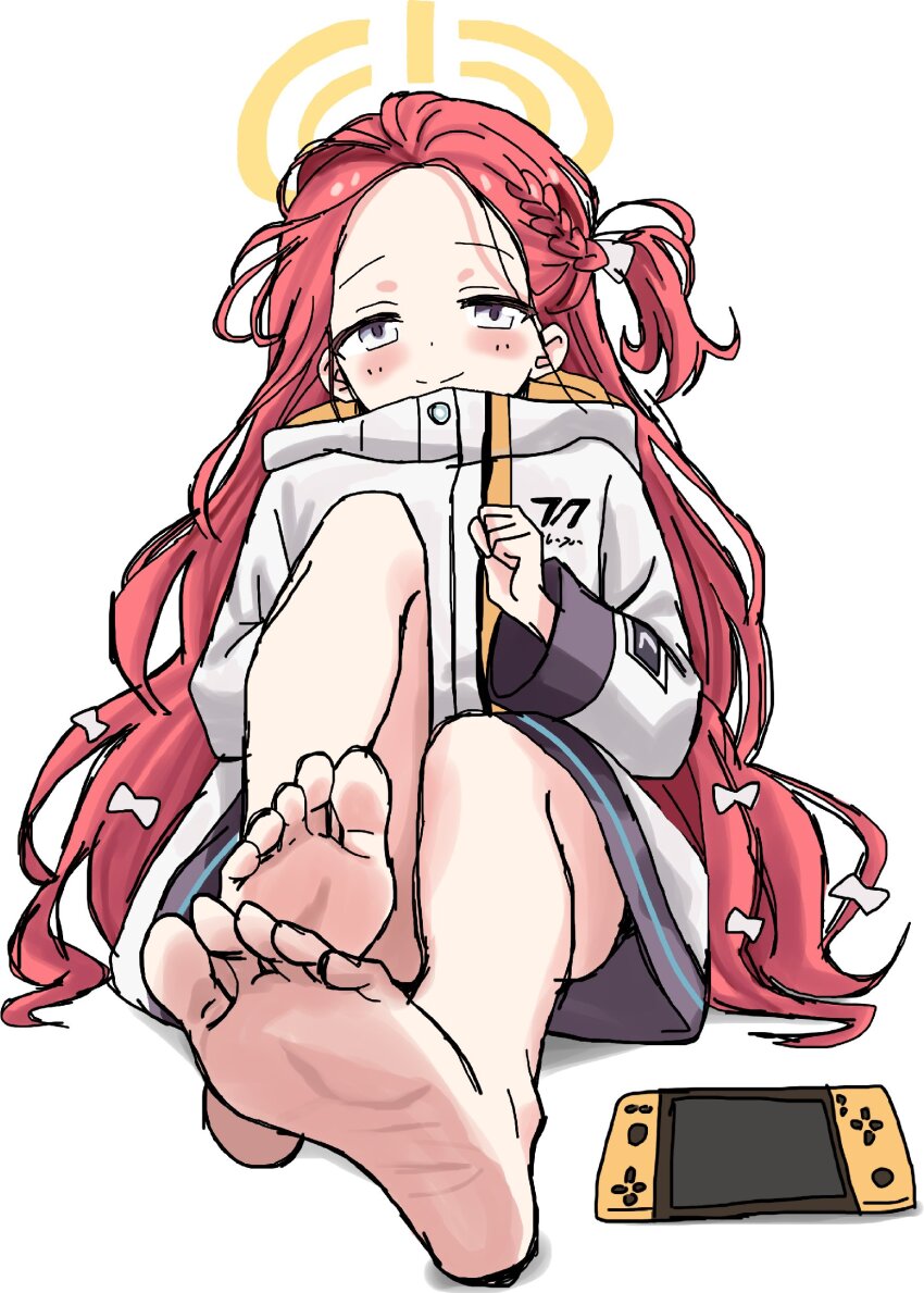 1girl barefoot blue_archive blue_eyes blush feet handheld_game_console highres long_hair looking_at_viewer red_hair riokasen smile soles toes yuzu_(blue_archive)