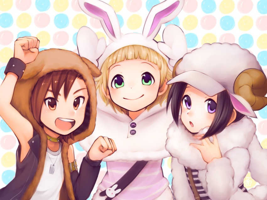 10s 3boys animal_hood black_hair blush brown_eyes brown_hair dog_hood glasses green_eyes highres himeno_kanon hood hoshimelon idolmaster idolmaster_side-m male_focus mofumofuen multiple_boys okamura_nao open_mouth purple_eyes rabbit_hood sheep_hood short_hair smile tachibana_shiro_(idolmaster)