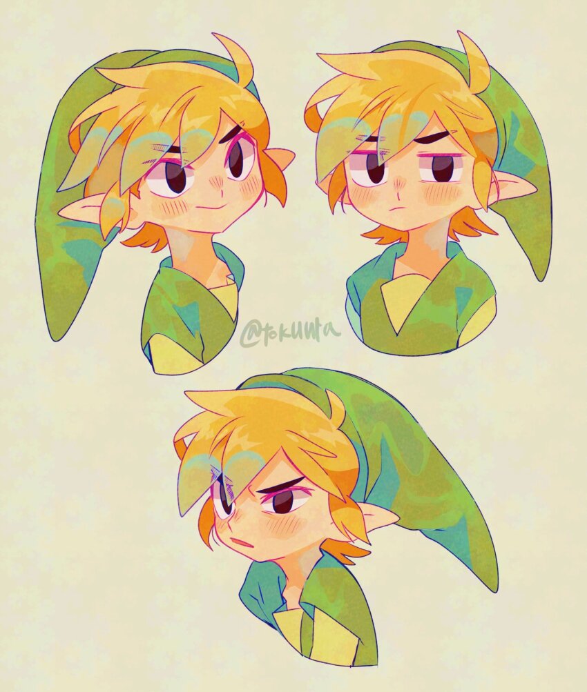 1boy ahoge blonde_hair blush cropped_torso furrowed_brow green_hat green_tunic grey_background hair_between_eyes hat highres link male_focus nintendo parted_lips pointy_ears pointy_hat short_hair sidelocks smile solo the_legend_of_zelda the_legend_of_zelda:_the_wind_waker tokuura toon_link tunic twitter_username