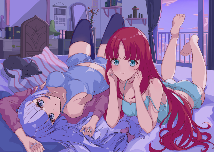 2girls 310setsu aqua_camisole aqua_eyes aqua_nails aqua_shorts arm_up ayaka_(genshin_impact) bare_arms bare_shoulders barefoot black_thighhighs blue_camisole blue_eyes blue_hair blue_shorts blunt_bangs blunt_ends breasts camisole cat closed_mouth collarbone evening feet_up full_body genshin_impact hair_spread_out hands_up head_on_hand highres indoors jacket knees_up long_hair long_sleeves looking_at_viewer lying medium_breasts midriff multiple_girls nail_polish navel nilou_(genshin_impact) on_back on_bed on_stomach open_clothes open_jacket parted_bangs parted_lips purple_jacket purple_sky railing red_hair room shorts sky smile spaghetti_strap straight_hair strap_slip thighhighs window