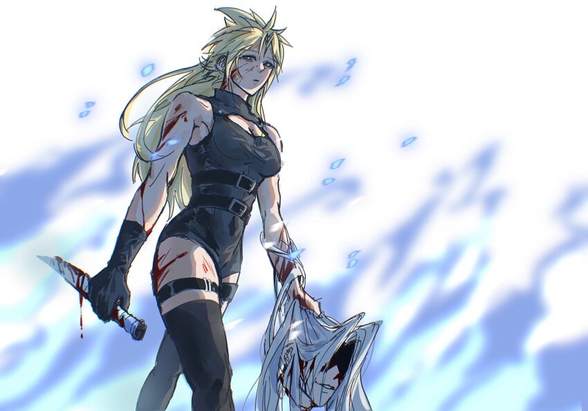 1boy 1girl belt black_gloves black_thighhighs blood blood_on_face bloody_weapon blue_fire breasts cheli617 cleavage_cutout clothing_cutout cloud_strife dark_persona death decapitation dismemberment earrings evil_grin evil_smile final_fantasy final_fantasy_vii fire genderswap genderswap_(mtf) gloves glowing glowing_eyes grey_hair grin guro highres holding holding_another&#039;s_hair holding_detached_head holding_knife jewelry knife long_hair looking_at_viewer multiple_belts sephiroth severed_head single_earring slit_pupils smile thighhighs walking weapon