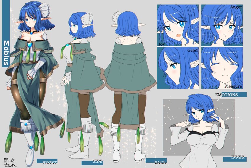 :d :t bare_back blue_eyes blue_gemstone blue_hair boots bow breasts brooch brown_pantyhose character_name character_sheet cleavage close-up closed_eyes closed_mouth collarbone commentary_request commission dress english_text multiple_expressions facing_away facing_viewer fringe_trim from_behind from_side full_body gem green_robe grey_background hair_bow hands_up highres jewelry large_breasts light_particles light_smile long_sleeves looking_at_viewer medium_hair moebius_(blueelfmoebius) necklace open_hand open_mouth original pantyhose pelvic_curtain pensive pointy_ears pout profile robe second-party_source sideways_mouth skeb_commission sleeves_past_wrists smile sparkle split_mouth standing tajima_yoshikazu tassel translation_request upper_body v-shaped_eyebrows white_bow white_dress white_footwear white_sleeves