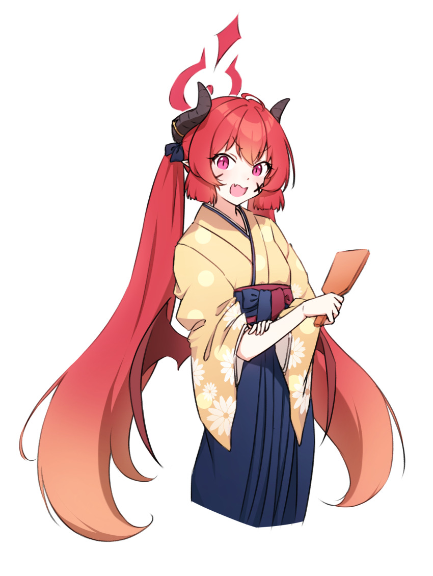 1girl black_hakama black_horns blue_archive demon_horns fang hair_between_eyes hakama halo highres horns hr.r japanese_clothes junko_(blue_archive) junko_(new_year)_(blue_archive) kimono long_hair open_mouth red_eyes red_hair red_halo simple_background skin_fang solo white_background wide_sleeves yellow_kimono