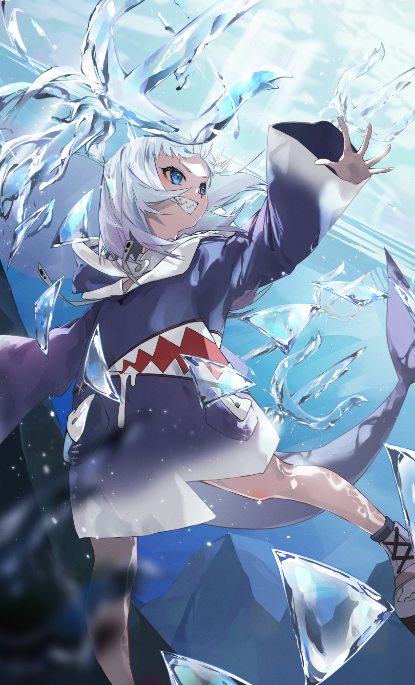 1girl absurdres animal_hood blue_eyes blue_hair blue_hoodie daichi fins fish_tail gawr_gura highres hololive hololive_english hood hoodie liquid_weapon multicolored_hair polearm shark_girl shark_hood shark_print shark_tail sharp_teeth smile solo streaked_hair tail teeth trident virtual_youtuber weapon white_hair