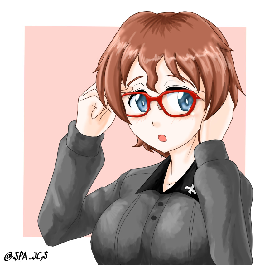 1girl akaboshi_koume bespectacled blue_eyes blush breasts brown_hair collared_shirt curly_hair girls_und_panzer glasses grey_shirt hands_on_own_head highres kuromorimine_school_uniform large_breasts long_hair looking_at_viewer nspa_(spa-jcs) open_mouth rectangular_eyewear school_uniform shirt short_hair