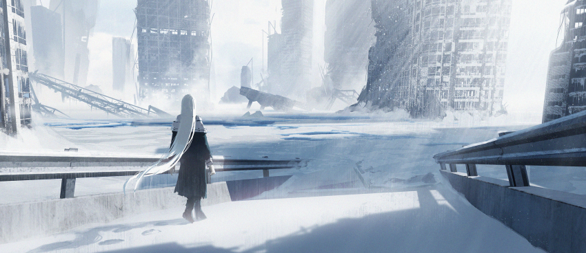 1girl absurdres asteroid_ill black_robe building debris footprints from_behind guard_rail highres ice iz_(asteroid_ill) light_particles long_hair long_skirt minimap original post-apocalypse railing robe ruins scenery skirt snow snowing solo very_long_hair walking white_hair winter