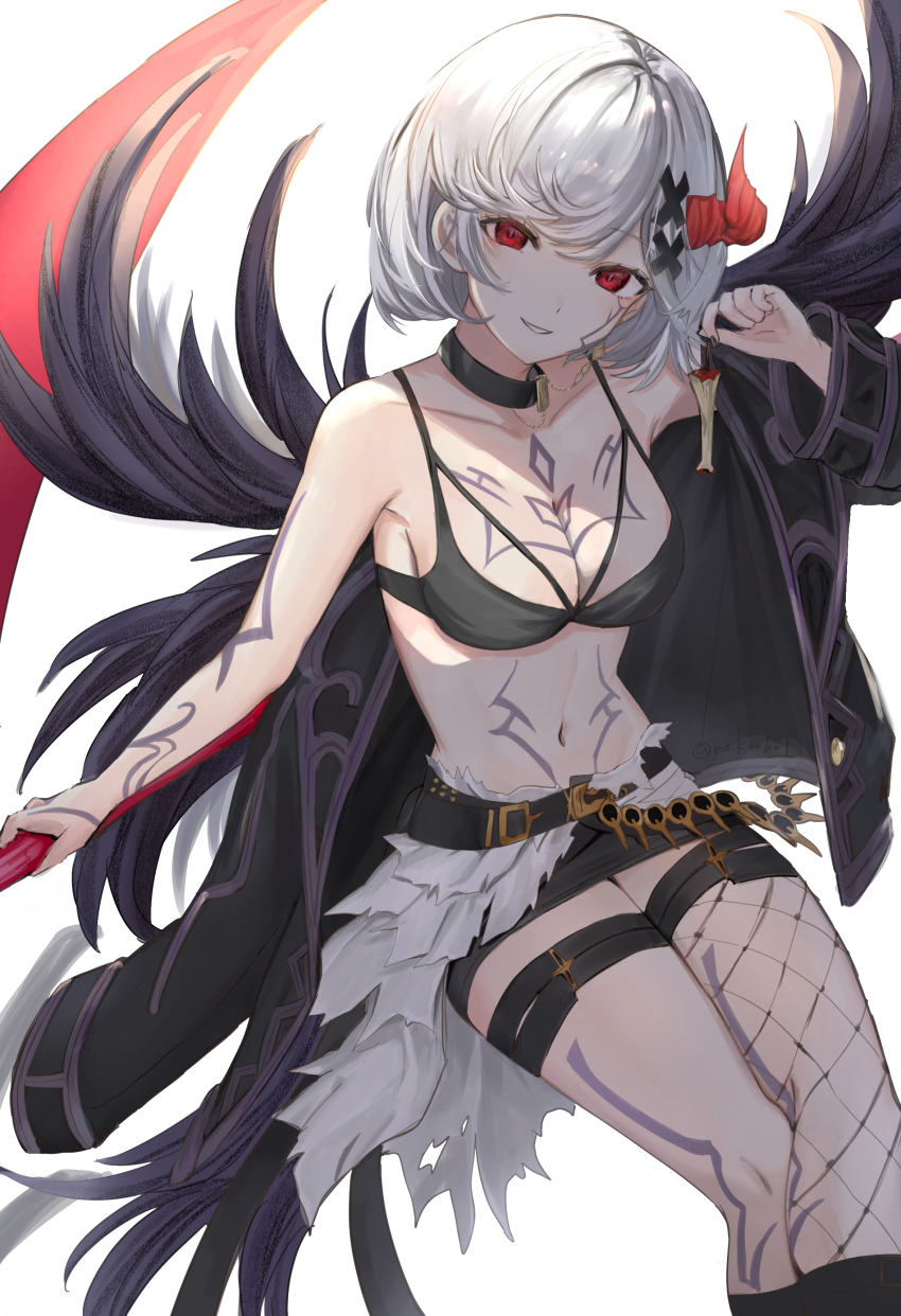 1girl absurdres apple apple_core belt black_bra black_coat black_skirt bra breast_tattoo breasts cleavage coat collar crossed_legs djeeta_(granblue_fantasy) facial_tattoo fishnet_thighhighs fishnets food forbidden_alter_ego_(granblue_fantasy) fruit granblue_fantasy hair_ornament highres holding holding_food holding_fruit holding_scythe horns invisible_chair leg_tattoo looking_at_viewer medium_breasts microskirt nakonbu navel parted_lips red_eyes scythe short_hair single_horn single_thighhigh sitting skirt solo stomach_tattoo tattoo teeth thigh_strap thighhighs twitter_username underwear white_hair x_hair_ornament