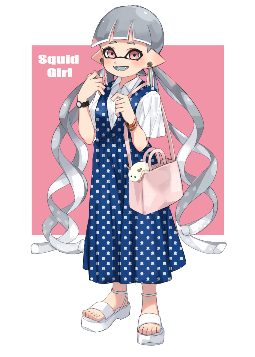 1girl absurdres bag blue_dress blunt_bangs bracelet carrying collared_shirt dress drill_hair earrings english_text fangs female_focus full_body gerbera grey_hair grey_tongue highres inkling inkling_girl inkling_player_character jewelry long_dress long_hair looking_at_viewer mask mimimi_(echonolog) nintendo octopus open_mouth pinafore_dress pink_eyes pointy_ears print_dress sandals shirt shopping_bag short_sleeves sleeveless sleeveless_dress smile solo standing tentacle_hair very_long_hair watch white_footwear white_shirt wristwatch