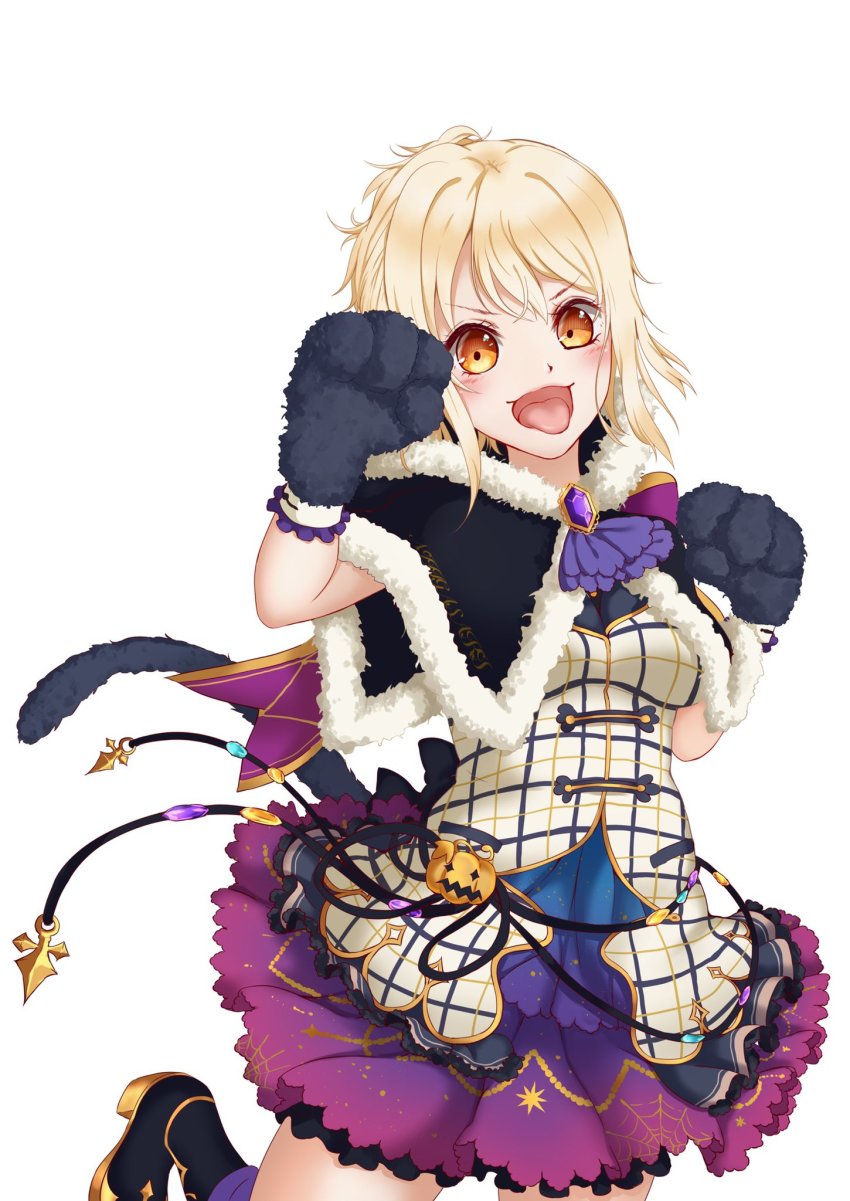 1girl :p animal_hands aoiao_(aoiao_aoiao13) artist_name artist_request black_footwear black_ribbon blonde_hair blush boots breasts brown_eyes capelet cat_paws cat_tail checkered_clothes checkered_dress dress female_focus frilled_dress frills fur-trimmed_capelet fur_trim gem gloves green_gemstone hair_between_eyes high_ponytail highres jewelry long_hair looking_at_viewer love_live! love_live!_nijigasaki_high_school_idol_club love_live!_school_idol_festival love_live!_school_idol_festival_all_stars medium_breasts miyashita_ai neckerchief open_mouth orange_eyes parted_lips paw_gloves ponytail pumpkin_print purple_skirt ribbon side_ponytail skirt smile solo sparkle_print spider_web_print standing standing_on_one_leg tail tongue tongue_out v-shaped_eyebrows white_dress yellow_eyes