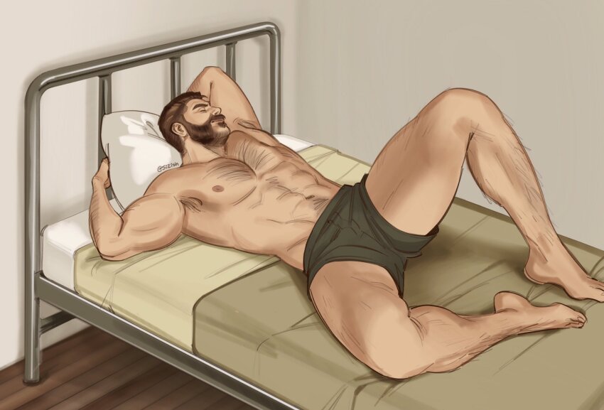 1boy 5i2 abs bara beard bed boxer_briefs call_of_duty call_of_duty:_modern_warfare_2 captain_price chest_hair closed_eyes facial_hair green_male_underwear highres large_pectorals lying male_focus male_underwear mature_male muscular muscular_male navel nipples on_back on_bed pectorals pillow sleeping solo thick_thighs thighs topless_male twitter_username underwear