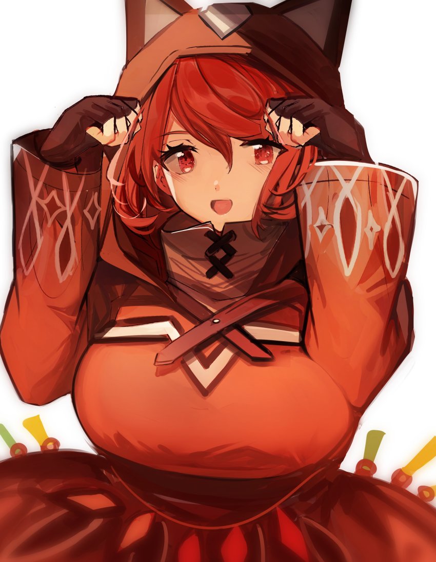 1girl :d absurdres animal_ears animal_hood breasts brown_hood cat_ears disguised_pyra_(xenoblade) earrings fingerless_gloves gloves highres hood hoodie jewelry large_breasts looking_at_viewer open_mouth pyra_(xenoblade) red_eyes red_hair short_hair simple_background smile solo swept_bangs tarbo_(exxxpiation) xenoblade_chronicles_(series) xenoblade_chronicles_2