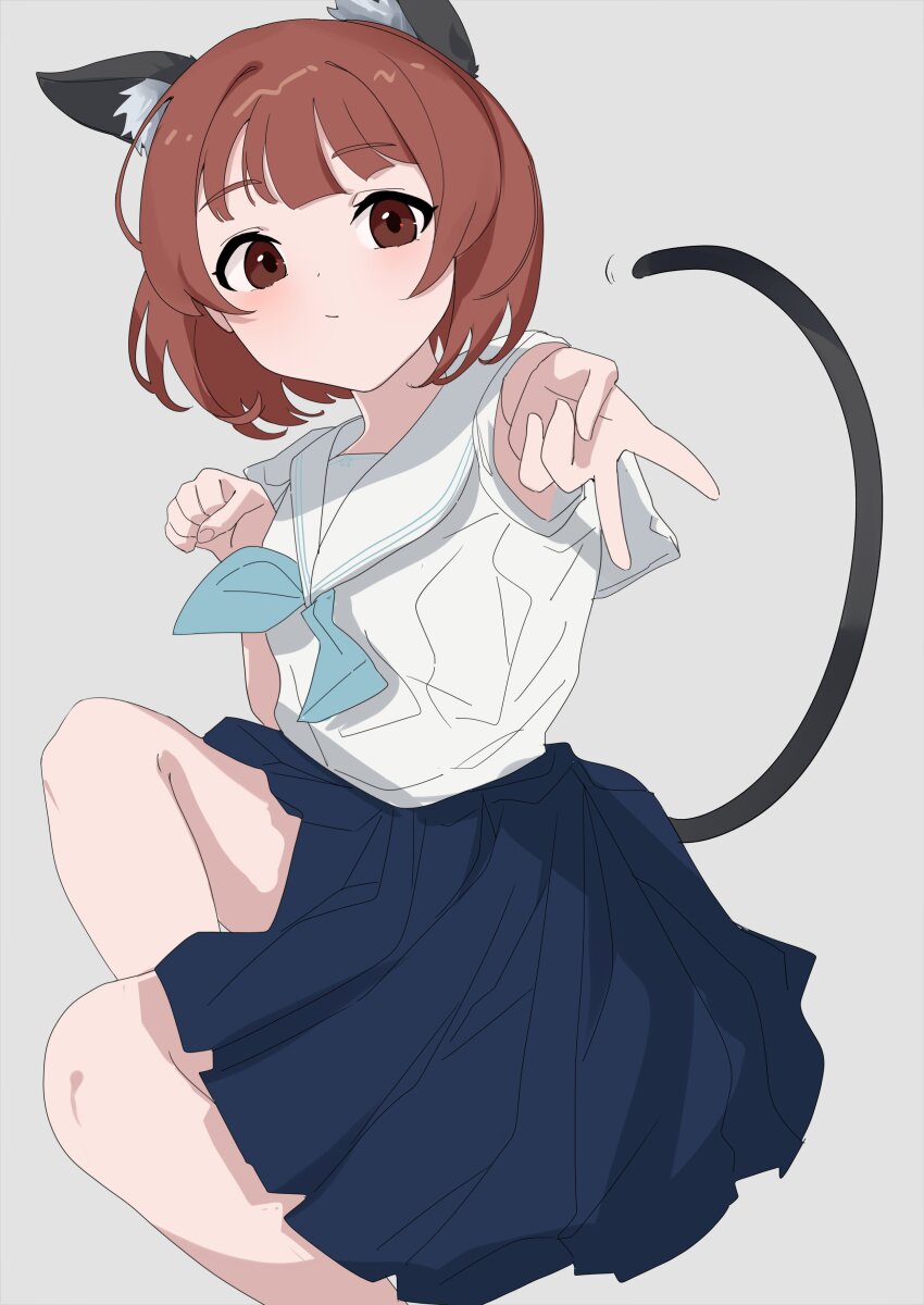 1girl absurdres alternate_costume animal_ears aqua_neckerchief blue_skirt blush brown_hair cat_ears cat_tail clenched_hand grey_background gyaru_v highres idolmaster idolmaster_million_live! looking_at_viewer neckerchief nonohara_akane ooho0216 pleated_skirt school_uniform serafuku simple_background skirt solo tail v