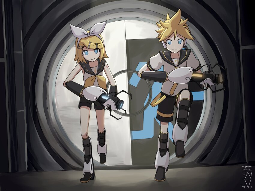 1boy 1girl aperture_science_handheld_portal_device artist_logo artist_name bass_clef black_sailor_collar black_shorts black_sleeves blonde_hair blue_eyes bow commentary crossover dated detached_sleeves digiral english_commentary hair_bow headphones highres holding kagamine_len kagamine_rin leg_up logo long_fall_boots medium_hair neckerchief necktie number_tattoo portal_(series) running sailor_collar shirt short_sleeves shorts shoulder_tattoo siblings sleeveless sleeveless_shirt tattoo treble_clef vocaloid white_bow white_shirt yellow_neckerchief yellow_necktie