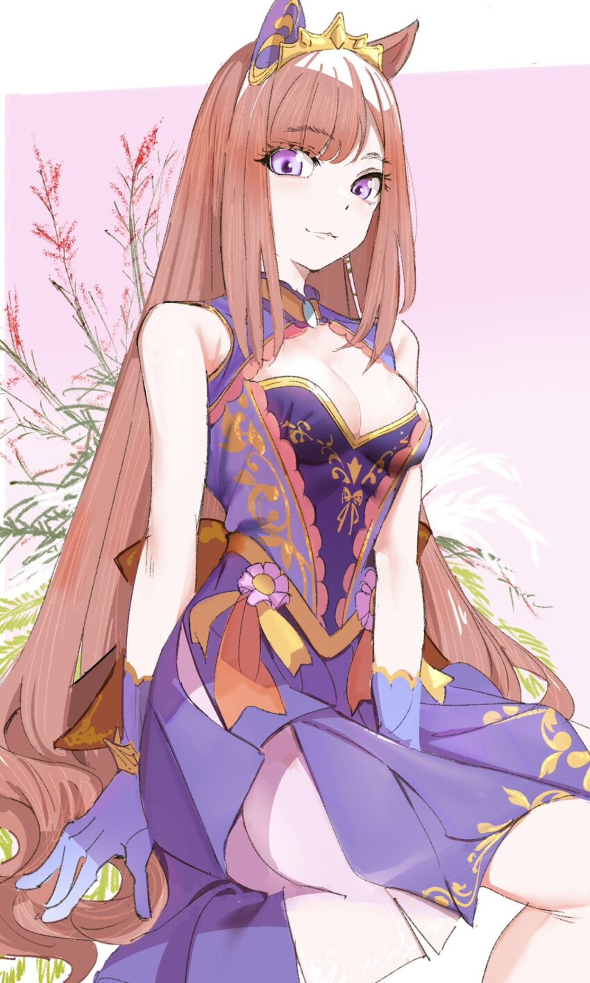 1girl bare_shoulders breasts brown_hair cleavage dress ear_covers from_side gloves hair_down highres horse_girl long_hair looking_at_viewer medium_breasts nontraditional_wedding_dress official_alternate_costume official_alternate_hairstyle purple_dress purple_eyes purple_gloves single_ear_cover sleeveless sleeveless_dress smile solo sweep_tosho_(realize_rune)_(umamusume) sweep_tosho_(umamusume) uki_kumo umamusume very_long_hair