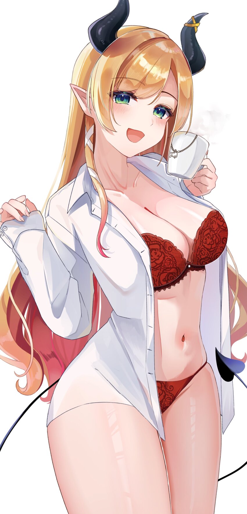 1girl absurdres black_horns blonde_hair blue_eyes blush bra breasts cleavage commentary_request cup demon_girl demon_horns demon_tail highres holding holding_cup hololive horn_ornament horn_ring horns large_breasts lingerie long_hair looking_at_viewer multicolored_hair navel open_clothes open_mouth open_shirt panties pointy_ears red_bra red_panties single_sidelock smile solo swept_bangs tail tororo_tengoku_(tororonn) underwear virtual_youtuber yuzuki_choco