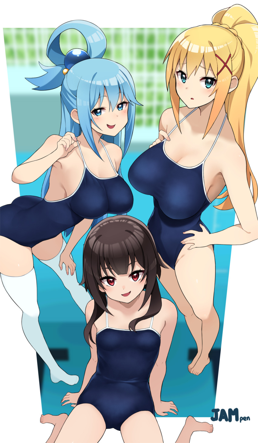 3girls :d aqua_eyes aqua_hair bare_legs barefoot blonde_hair blue_eyes breasts brown_hair competition_school_swimsuit from_above full_body hair_ornament hand_on_own_hip highres indoors jampen kono_subarashii_sekai_ni_shukufuku_wo! large_breasts looking_at_viewer megumin multiple_girls open_mouth red_eyes school_swimsuit sideboob sitting small_breasts smile swimsuit thighhighs wariza white_thighhighs x_hair_ornament