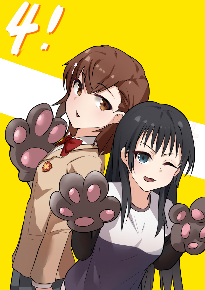 ;) absurdres animal_hands announcement_celebration black_hair black_shirt blazer bow bowtie brown_eyes brown_hair brown_jacket brown_sweater_vest commentary d301217 gloves hair_ornament hairpin highres jacket long_hair long_sleeves looking_at_viewer medium_hair misaka_mikoto one_eye_closed open_mouth paw_gloves paw_pose plaid_clothes plaid_skirt red_bow red_bowtie saten_ruiko school_uniform shirt skirt smile sweater_vest t-shirt toaru_kagaku_no_railgun toaru_majutsu_no_index tokiwadai_school_uniform two-tone_shirt white_shirt winter_uniform