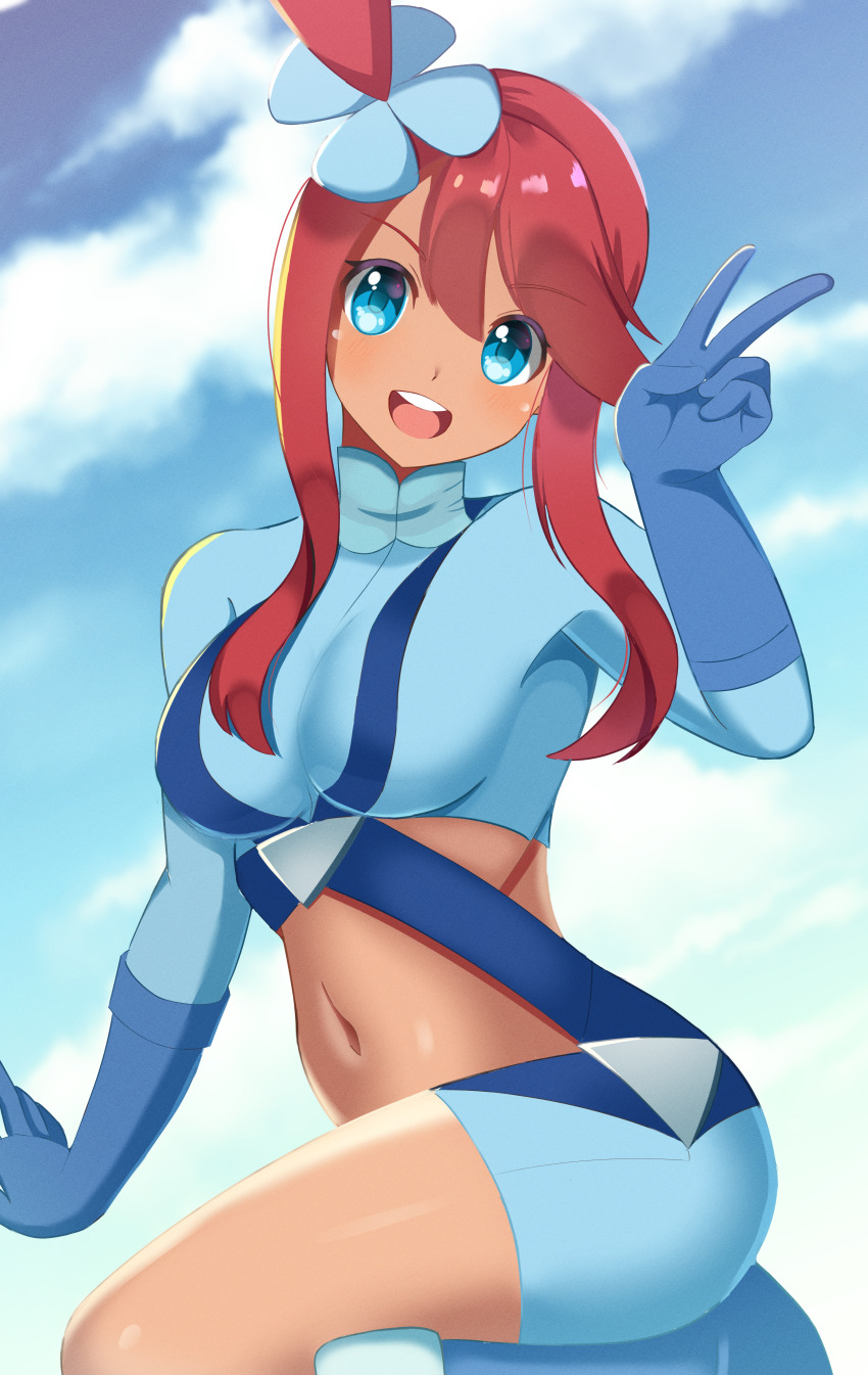 1girl :d absurdres blue_eyes blue_gloves blue_jacket blue_shorts breasts cloud commentary_request creatures_(company) cropped_jacket day game_freak gloves hair_ornament hand_up happy highres jacket looking_at_viewer megi_(zdsw2323) midriff navel nintendo one_side_up open_mouth outdoors pokemon pokemon_bw red_hair shorts sidelocks sky skyla_(pokemon) smile solo teeth tongue upper_teeth_only v