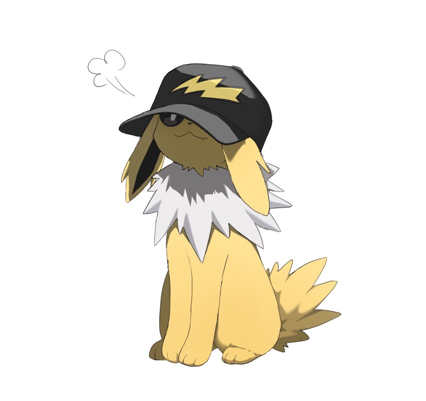 :3 baseball_cap black_hat black_sclera colored_sclera creatures_(company) ears_down fang game_freak gen_1_pokemon hat highres jolteon lightning_bolt_symbol looking_up nintendo no_humans o44cat pokemon puff_of_air simple_background sitting tail white_background yellow_fur