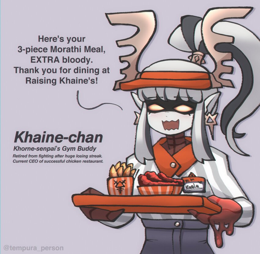 1girl :d artist_name chaos_(warhammer) character_name chicken_(food) collared_shirt demon_girl earrings english_text food french_fries genderswap genderswap_(otf) grey_background highres holding holding_tray jewelry khaine long_hair long_sleeves looking_at_viewer name_tag open_mouth orange_eyes pointy_ears shirt simple_background smile solo tempura_person tray upper_body warhammer_40k warhammer_fantasy