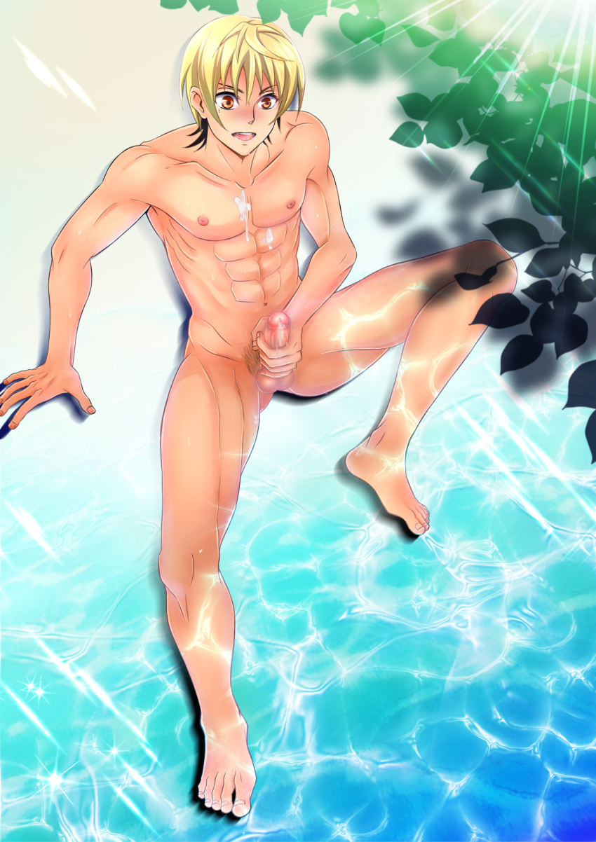 1boy abs barefoot beach black_hair blonde_hair blush cum cum_on_body erection feet full_body gundam gundam_tekketsu_no_orphans highres male_focus masturbation multicolored_hair muscular nashi nude ocean outdoors pectorals penis public_indecency solo sweat tagme takaki_uno testicles toes tree water