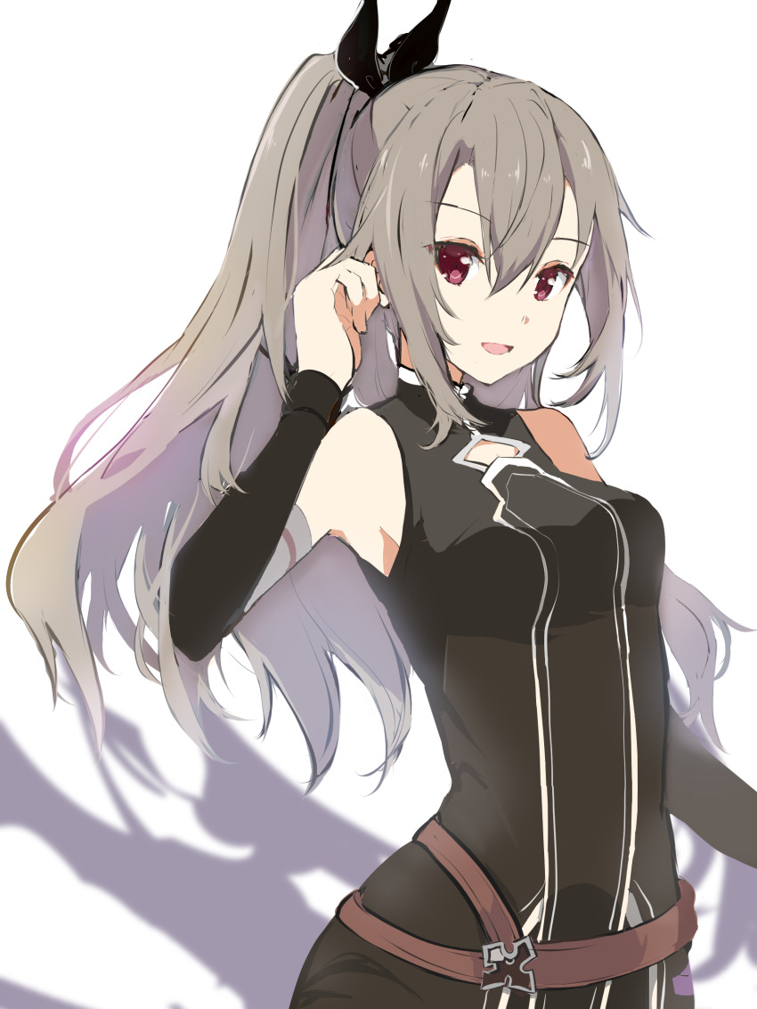 1girl :d belt black_bow black_jacket black_sleeves bow breasts brown_belt character_request clothing_cutout detached_sleeves eydis_(sao) floating_hair grey_hair hair_between_eyes hair_bow highres jacket long_hair long_sleeves medium_breasts open_mouth ponytail red_eyes sau_(bluepoper) sleeveless sleeveless_jacket smile solo standing sword_art_online very_long_hair white_background