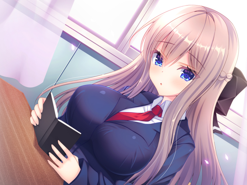 1girl :o absurdres black_jacket blazer blue_eyes blush book braid breasts brown_hair chair classroom collared_shirt commentary_request desk dutch_angle hair_between_eyes hair_ribbon highres holding holding_book jacket large_breasts long_hair long_sleeves looking_at_viewer open_mouth original ribbon school_chair school_desk school_uniform shirt shitou_kazuaki sidelocks sitting solo taut_clothes white_shirt window