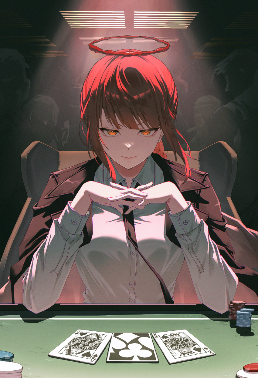 1girl black_jacket black_necktie card chainsaw_man chinese_commentary closed_mouth collared_shirt commentary enoharatoki halo highres interlocked_fingers jacket jacket_on_shoulders looking_at_viewer makima_(chainsaw_man) necktie orange_eyes own_hands_together playing_card poker_table red_hair red_halo shirt smile solo_focus table white_shirt