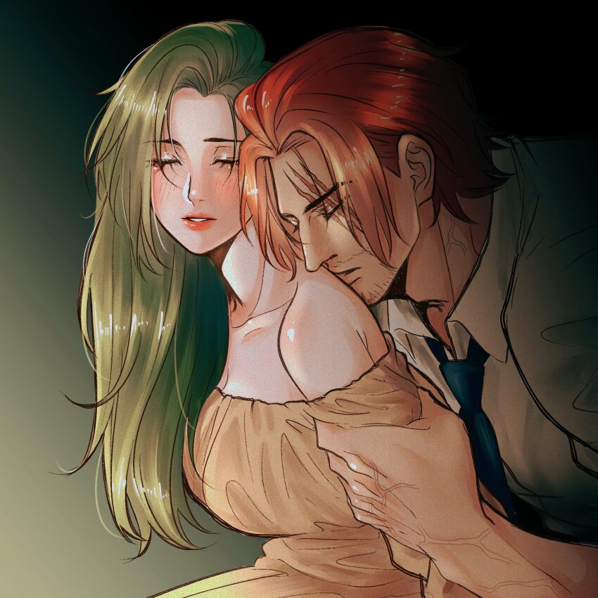 1boy 1girl anyumii136 bare_shoulders beard_stubble black_necktie closed_eyes collared_shirt commentary english_commentary facial_hair green_hair highres kissing_back long_hair makino_(one_piece) necktie one_piece profile red_hair scar scar_on_face shanks_(one_piece) shirt short_hair stubble upper_body white_shirt