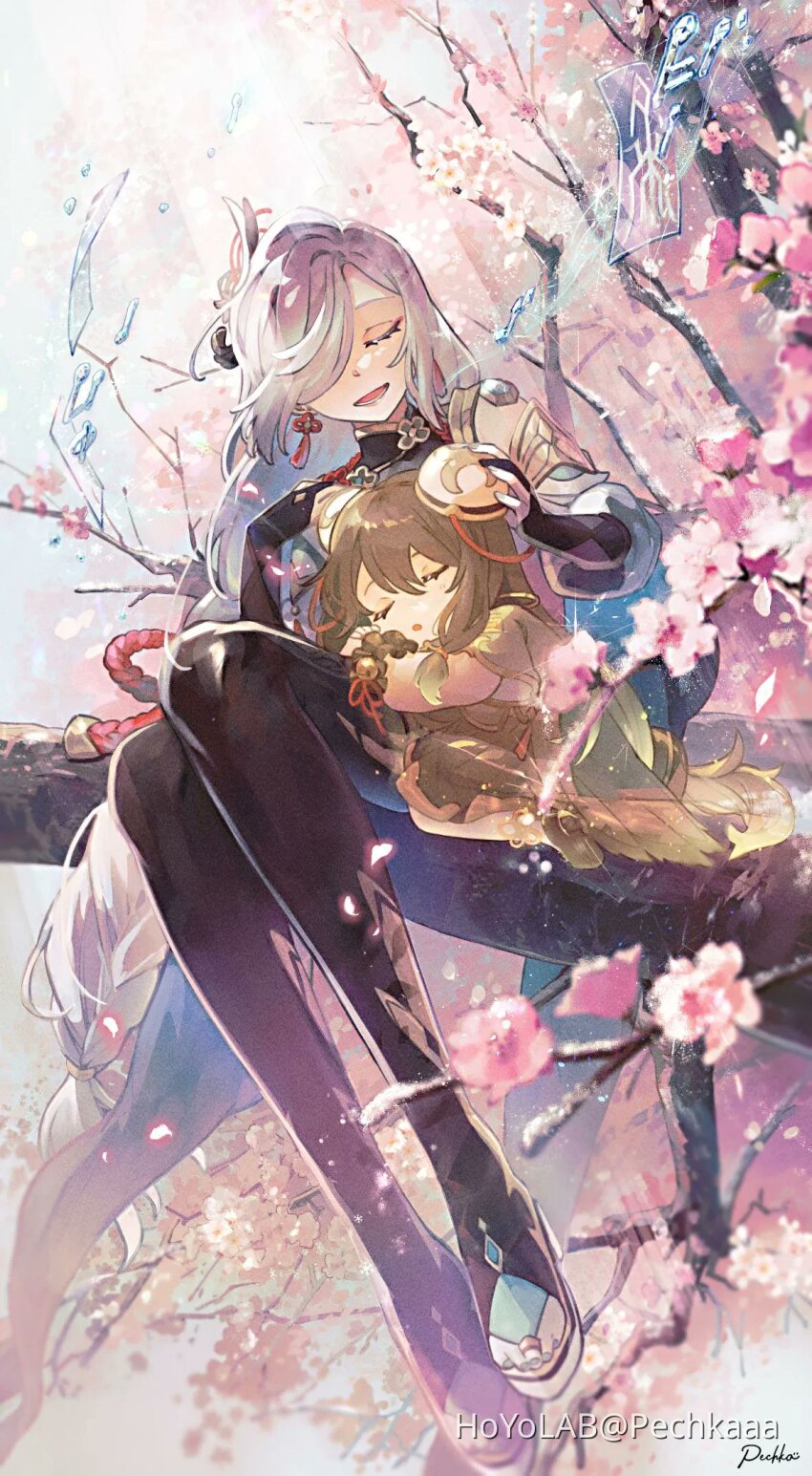 2girls black_pantyhose branch closed_eyes flower genshin_impact highres in_tree multiple_girls one_eye_covered pantyhose pechka shenhe_(genshin_impact) sitting sitting_in_tree sleeping tree