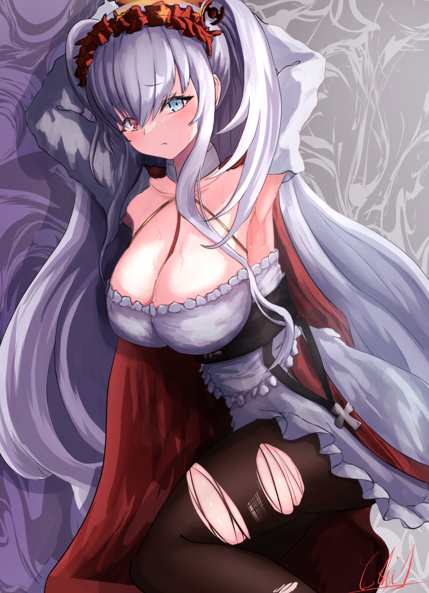 1girl absurdres arms_up azur_lane blue_eyes breasts cleavage dress elbing_(azur_lane) elbing_(the_throne_of_misfortune)_(azur_lane) frilled_dress frilled_hairband frills hairband heterochromia highres huge_breasts long_hair looking_at_viewer lying official_alternate_costume on_side pantyhose red_eyes red_hairband solo torn_clothes torn_pantyhose very_long_hair white_hair yoshi-j