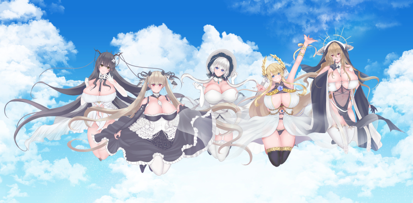 5girls absurdres antlers azur_lane bare_shoulders between_breasts black_dress black_footwear black_gloves black_hair blonde_hair blue_eyes blue_flower blue_gemstone blue_rose blush breasts brown_panties center_opening chain cleavage closed_mouth clothing_cutout collarbone covering_crotch covering_privates crossed_bangs cup detached_collar diffraction_spikes dress dress_tug earrings elbow_gloves flower formidable_(azur_lane) frilled_dress frills from_above from_below full_body gem gloves gold_chain green_eyes grey_hair hair_between_eyes hair_flower hair_flowing_over hair_on_horn hair_ornament hair_ribbon hair_spread_out half_gloves hat high_heels highres horns huge_breasts illustrious_(azur_lane) implacable_(azur_lane) indomitable_(azur_lane) jewelry kabosu_(user_kfxw3284) large_breasts laurel_crown leg_ribbon long_hair long_hair_between_eyes long_sleeves looking_at_viewer maid multiple_girls nun orange_eyes panties red_eyes ribbon rose shoulder_cutout showgirl_skirt side-tie_panties sidelocks sitting sleeveless sleeveless_dress smile strapless strapless_dress sun_hat thighhighs twintails two-tone_dress two-tone_ribbon underwear very_long_hair victorious_(azur_lane) white_dress white_gloves white_hair white_hat white_thighhighs wide_sleeves