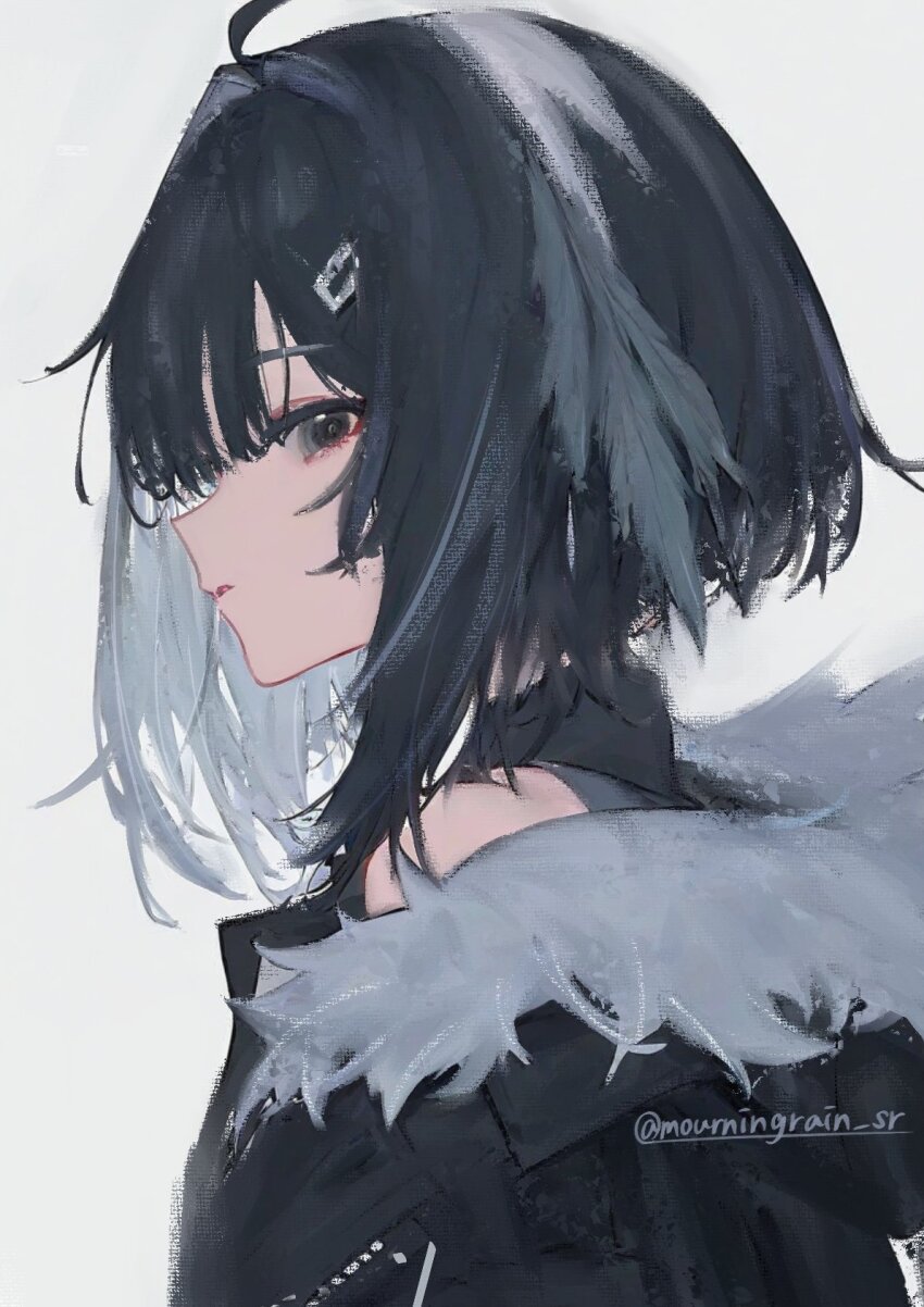 1girl arknights black_eyes black_hair black_jacket black_shirt commentary eyeshadow faux_traditional_media feather_hair fur-trimmed_jacket fur_trim highres jacket la_pluma_(arknights) looking_at_viewer makeup mourningrain_sr parted_lips profile red_eyeshadow shirt short_hair simple_background sleeveless sleeveless_shirt solo twitter_username upper_body white_background