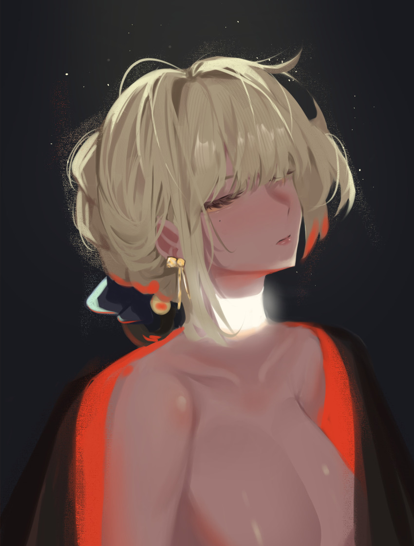 1girl black_background blonde_hair breasts cape closed_eyes earrings evelyn_chevalier highres jewelry large_breasts linxx79 naked_cape short_hair solo upper_body zenless_zone_zero