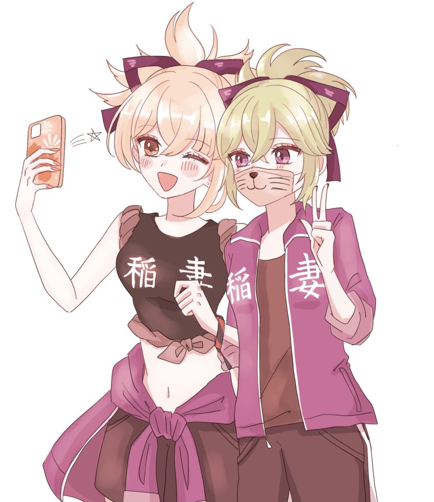 2girls alternate_costume black_pants black_shirt black_shorts blonde_hair blush breasts brown_eyes cellphone china_tracksuit clothes_around_waist cocotsuko1204 contemporary cropped_shirt eyeshadow flat_chest genshin_impact green_hair highres holding holding_phone jacket jacket_around_waist kuki_shinobu locked_arms makeup medium_breasts meme_attire midriff multiple_girls navel one_eye_closed orange_eyes pants phone purple_eyes purple_jacket red_eyeshadow shirt shorts smartphone smile track_jacket updo v white_background yoimiya_(genshin_impact)