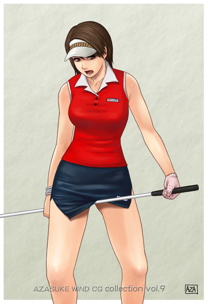 1girl azasuke bare_shoulders between_legs blouse border breasts brown_eyes brown_hair clap_hanz clothes_lift earrings female_focus female_masturbation gloves golf_club highres hot_shots_golf_fore! jewelry kyouko_(hot_shots_golf) looking_at_viewer masturbation medium_breasts miniskirt minna_no_golf open_mouth outside_border pencil_skirt red_shirt shirt side_slit simple_background skirt skirt_lift sleeveless sleeveless_shirt solo standing visor white_border