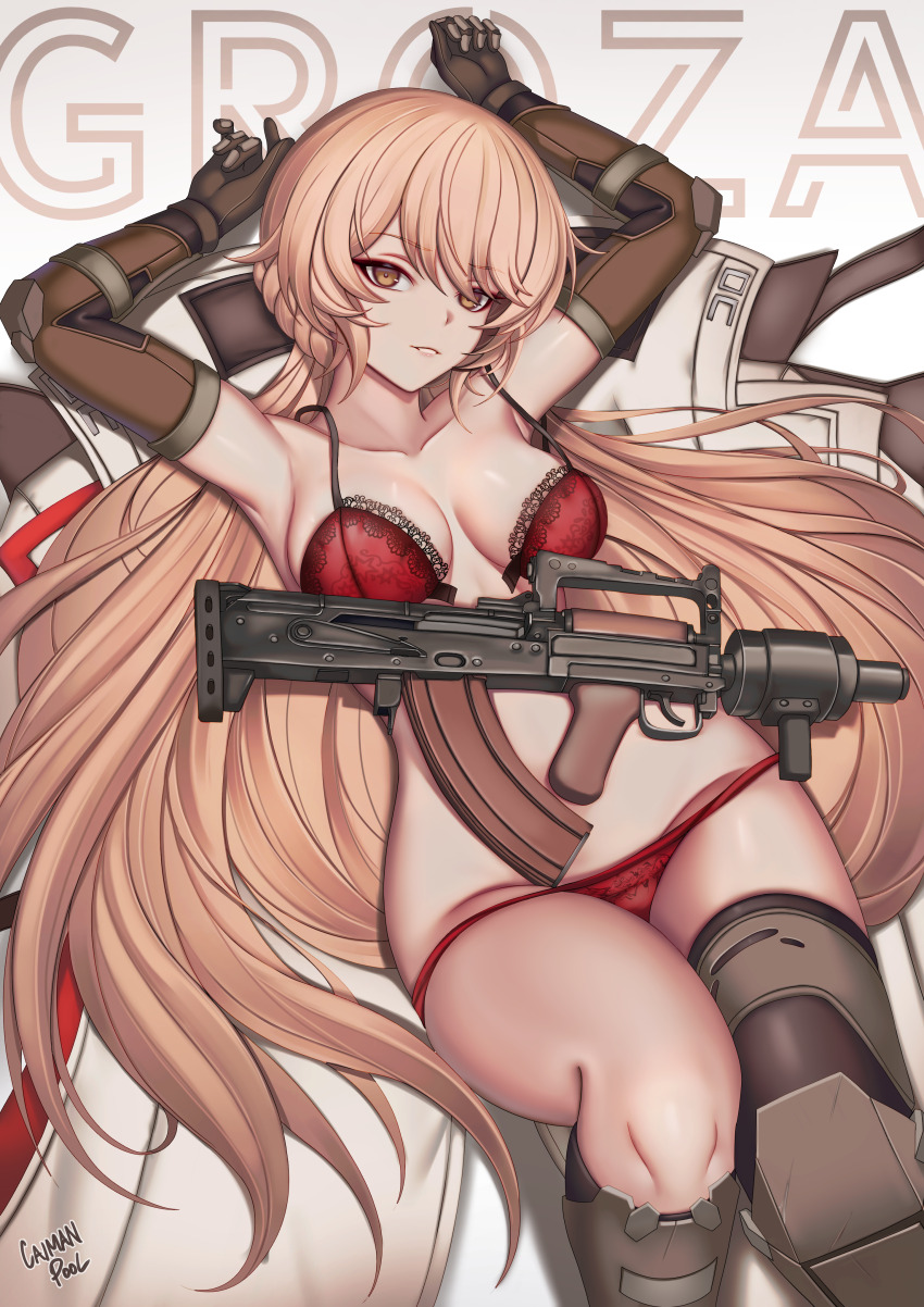 1girl absurdres armpits artist_name assault_rifle blonde_hair bra breasts breasts_apart brown_eyes brown_gloves bullpup caiman_pool character_name commentary english_commentary english_text girls&#039;_frontline girls&#039;_frontline_2:_exilium gloves groza_(girls&#039;_frontline_2) gun highres lace lace-trimmed_bra lace_trim lingerie long_hair looking_at_viewer lying on_back ots-14_(girls&#039;_frontline) ots-14_groza panties parted_lips red_bra red_panties rifle solo underwear weapon