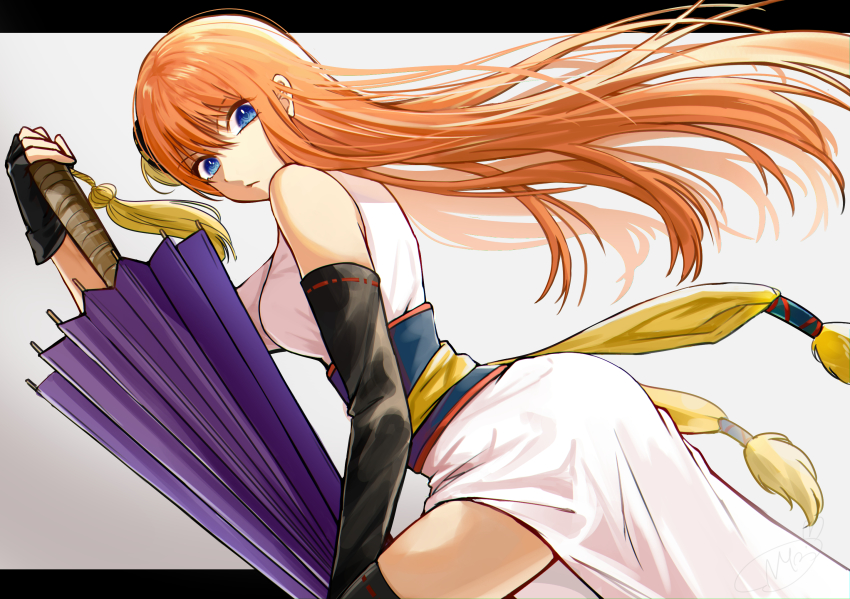 1girl black_border black_gloves black_sleeves black_thighhighs blue_eyes border brown_hair china_dress chinese_clothes closed_mouth closed_umbrella detached_sleeves dress fingerless_gloves floating_hair from_side gintama gloves grey_background hair_between_eyes highres kagura_(gintama) letterboxed long_hair looking_at_viewer oil-paper_umbrella purple_umbrella shinomy side_slit single_sleeve sleeveless sleeveless_dress solo thighhighs umbrella very_long_hair white_dress