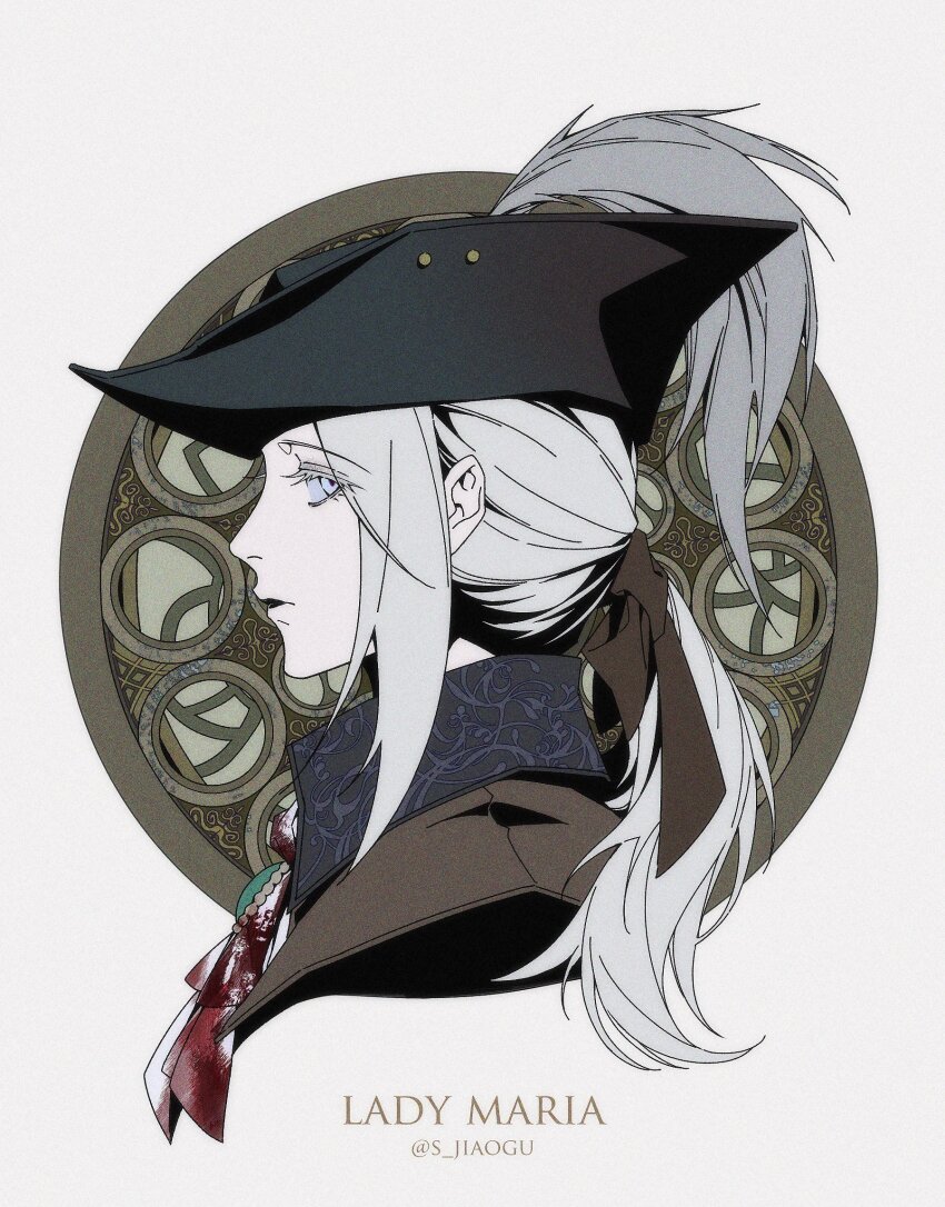 1girl artist_name ascot black_hat blood blood_on_clothes bloodborne character_name commentary eyelashes from_side hat hat_feather highres lady_maria_of_the_astral_clocktower low_ponytail open_mouth portrait s_jiaogu solo tricorne twitter_username white_ascot white_hair