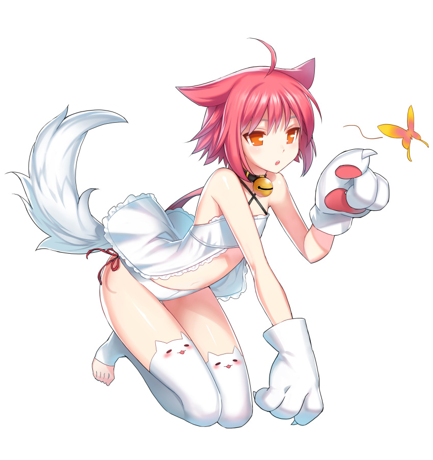 1girl :o absurdres ahoge alternate_hair_color animal_ear_legwear animal_hands babydoll bare_shoulders bell black_collar bug butterfly cat_ear_legwear cat_ear_thighhighs cat_tail cat_thighhighs closers collar criss-cross_halter flat_chest frilled_babydoll full_body gloves hair_flaps halterneck hand_up highres insect jingle_bell kneeling long_hair looking_at_animal low_ponytail navel neck_bell no_pupils no_shoes official_art orange_butterfly orange_eyes panties paw_gloves pink_hair pink_ribbon pointing ribbon side-tie_panties simple_background solo stirrup_legwear stomach tachi-e tail thighhighs thighs tina_(closers) toeless_legwear underwear white_babydoll white_background white_gloves white_panties white_tail white_thighhighs