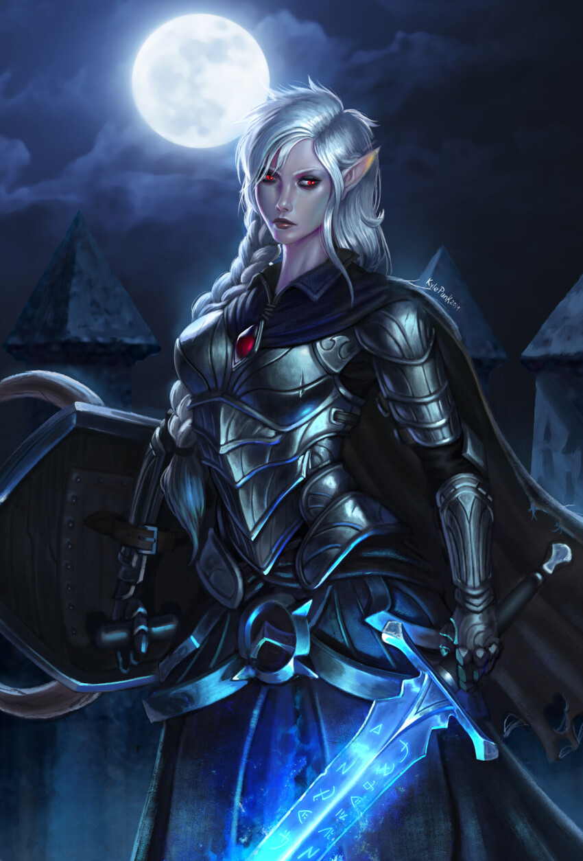 1girl armor black_cape blue_long_sword braid breasts brown_lips cape commission cowboy_shot cuirass dark_background dungeons_&amp;_dragons elf fantasy gauntlets gem glowing glowing_sword glowing_weapon highres holding holding_sword holding_weapon knight kyle_punk_art lazy_eye league_of_legends left-handed long_hair moon moonlight night nose original pale_skin pauldrons pointy_ears red_eyes red_gemstone shoulder_armor sword undead vampire warcraft weapon white_hair