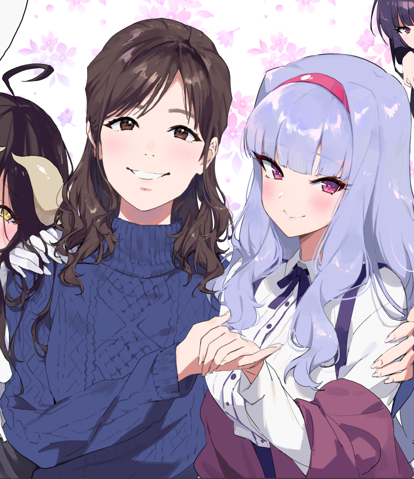 4girls ahoge albedo_(overlord) blue_sweater blunt_bangs blush brown_hair floral_background grey_hair hairband hands_on_another&#039;s_shoulders hara_yumi highres holding_hands idolmaster idolmaster_(classic) idolmaster_million_live! kanoe_yuuko looking_at_viewer midnamana multiple_girls neck_ribbon overlord_(maruyama) pink_eyes pink_hairband real_life ribbon shijou_takane sidelocks smile sweater tasogare_otome_x_amnesia upper_body voice_actor voice_actor_connection